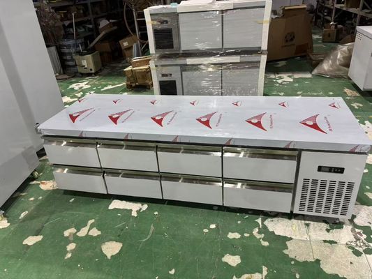 Mesa de balcão comercial com 8 gavetas, bancada de trabalho de cozinha sob o balcão, refrigerador