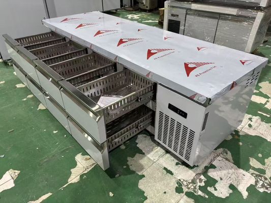 Mesa de balcão comercial com 8 gavetas, bancada de trabalho de cozinha sob o balcão, refrigerador